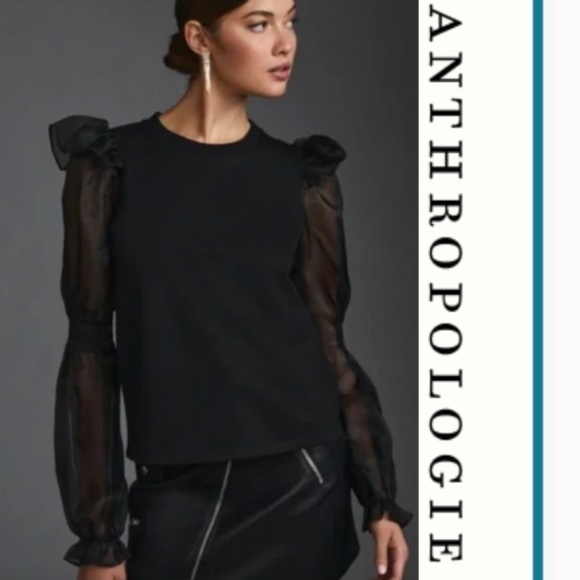 By Anthropologie Tops - Anthropologie Black knit front, Puff sheer sleeve Top,XS, CB2445